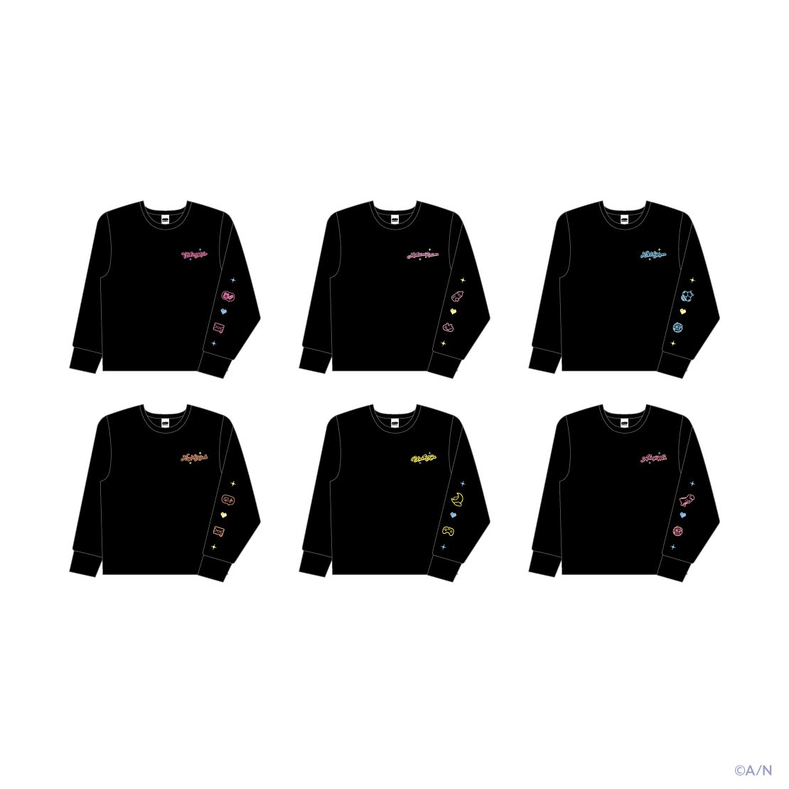 記事画像9: 6種類の黒い長袖Tシャツのデザイン。それぞれの胸元に異なるロゴと袖にアイコンがプリントされている。