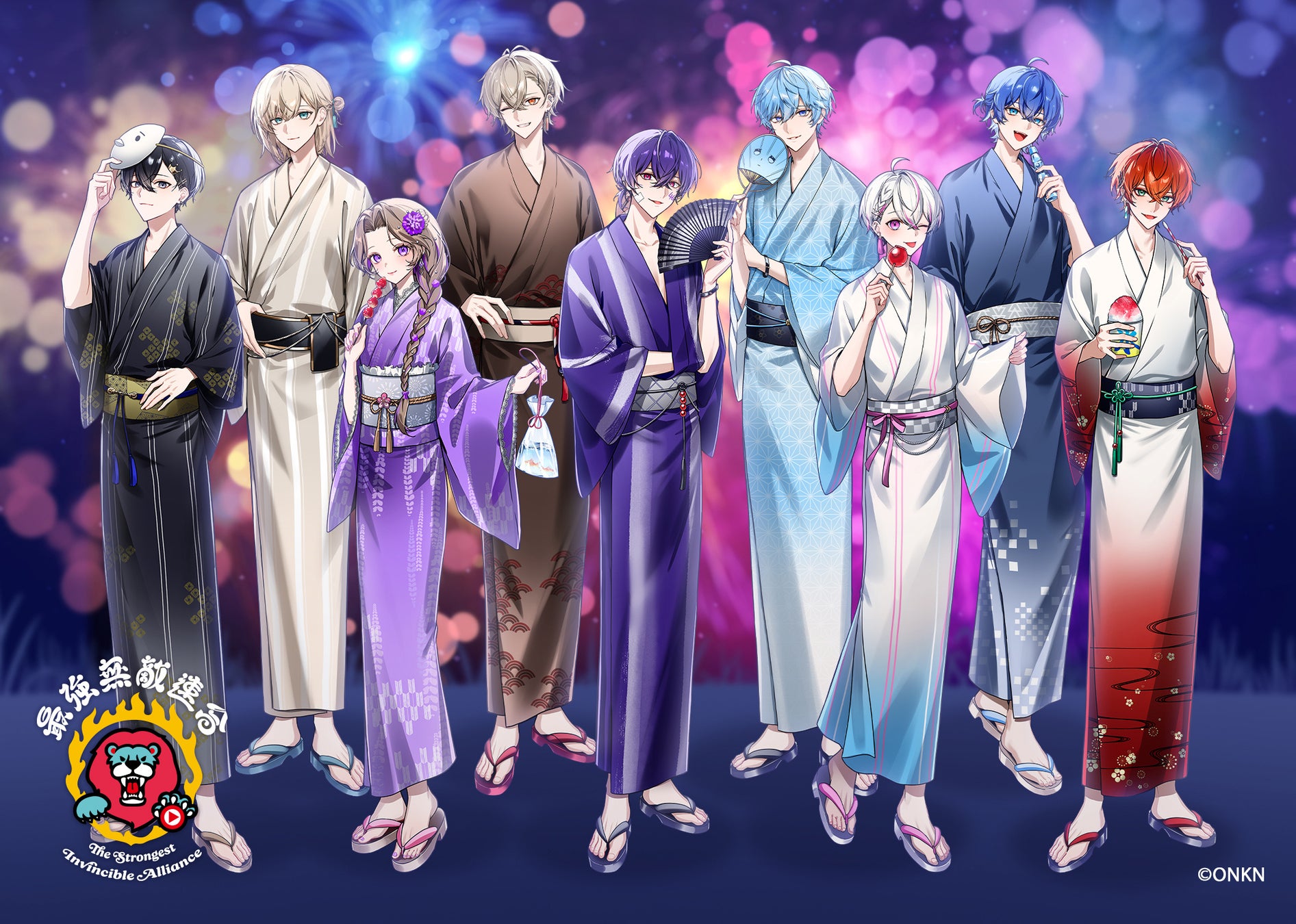 記事画像2: 浴衣を着た9人のキャラクターとロゴ