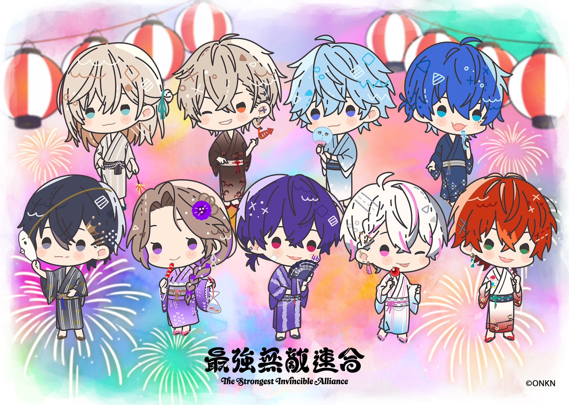記事画像3: 夏祭りをテーマにした、浴衣姿の男性キャラクターたちのイラスト