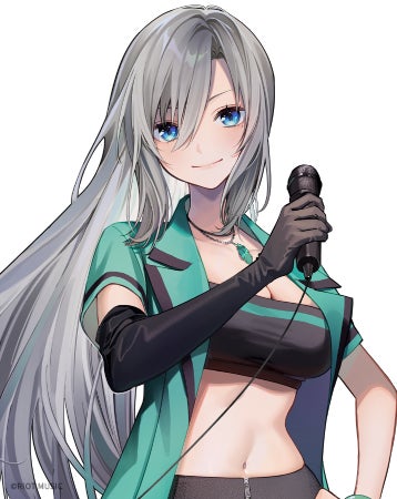 記事画像4: マイクを持った、緑色のジャケットを着たアニメ風の女性