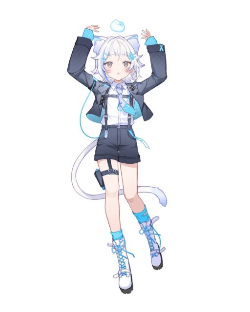 記事画像2: 白髪の猫耳キャラクターが青い衣装を着てポーズをとっている