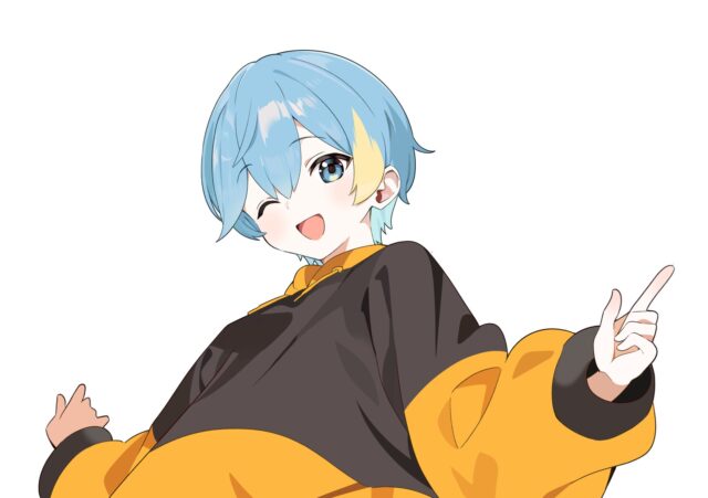 記事画像3: 青い髪のキャラクターがウインクし、指を差している。