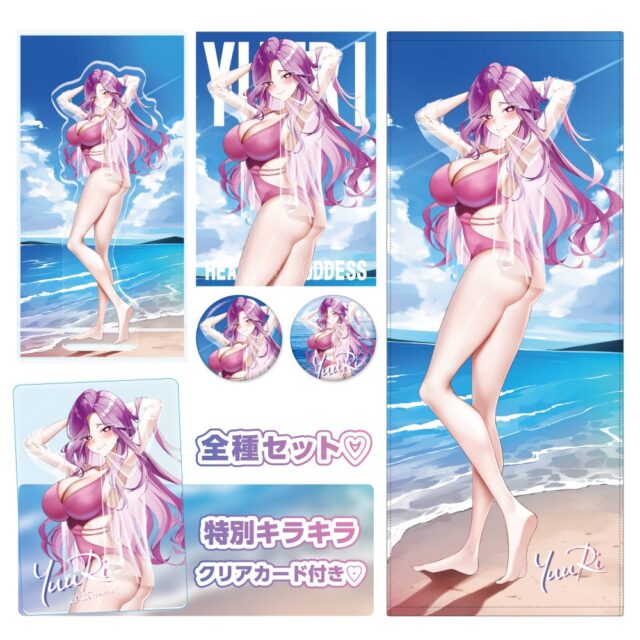 記事画像2: 水着姿の女性キャラクターのグッズセット。クリアカード、缶バッジなど。