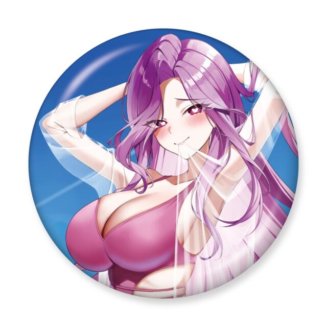 記事画像7: アニメ風の女性キャラが青空を背景にポーズをとっている円形バッジ