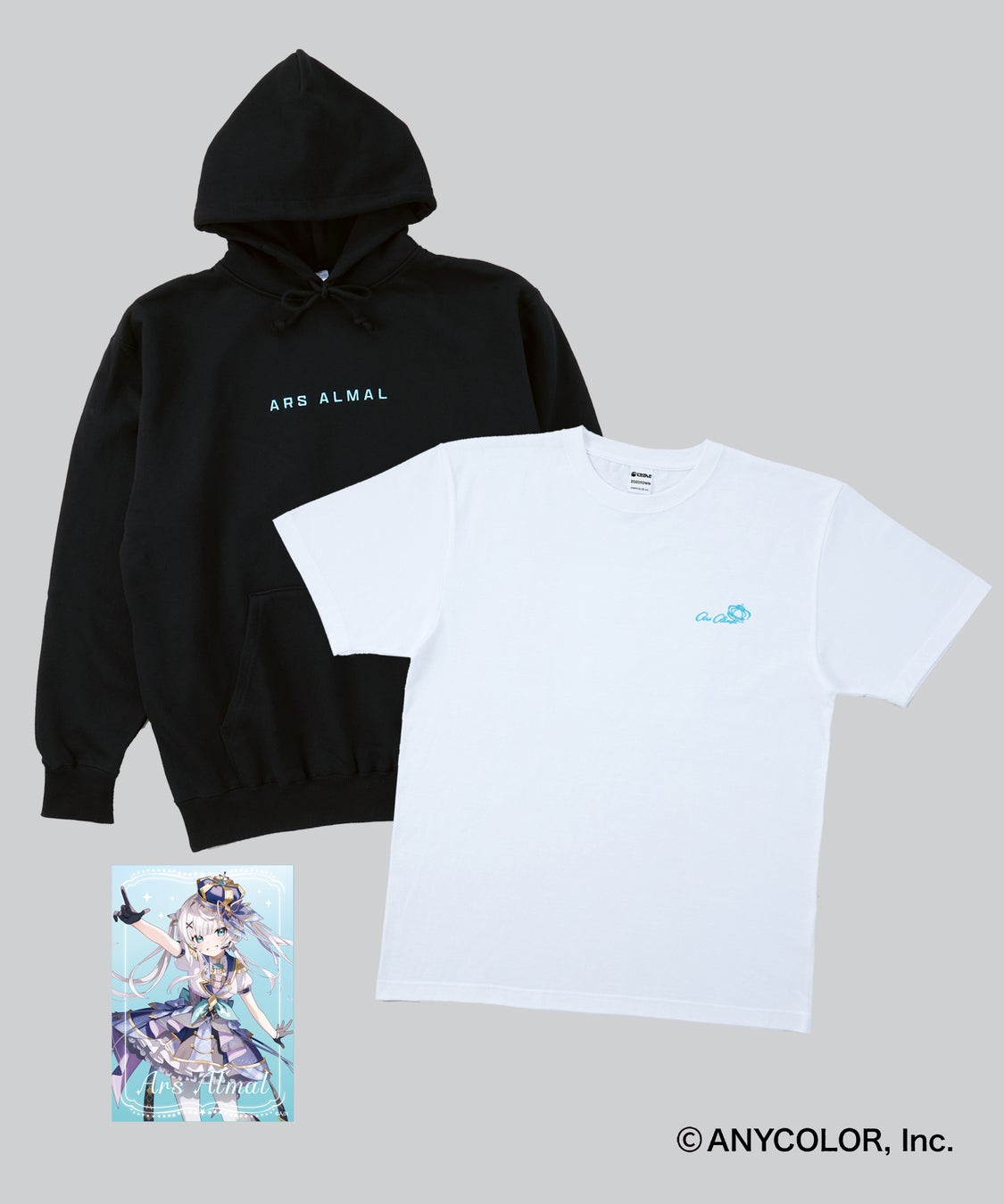 記事画像5: 黒のパーカーと白のTシャツ、キャラクターイラストのグッズセット
