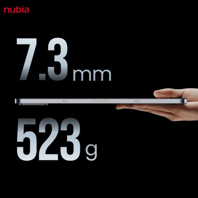 記事画像8: nubiaタブレットの厚さ7.3mm、重さ523gを強調した画像