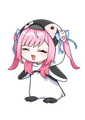 記事画像2: ペンギンの着ぐるみを着たピンク髪のキャラクター。