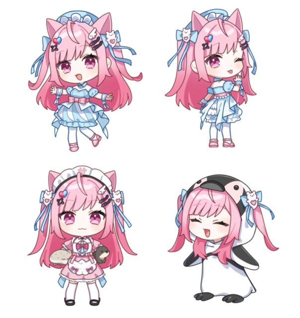 記事画像4: 4つの異なるポーズで描かれた、ピンクの髪と猫耳を持つアニメ風のキャラクター。