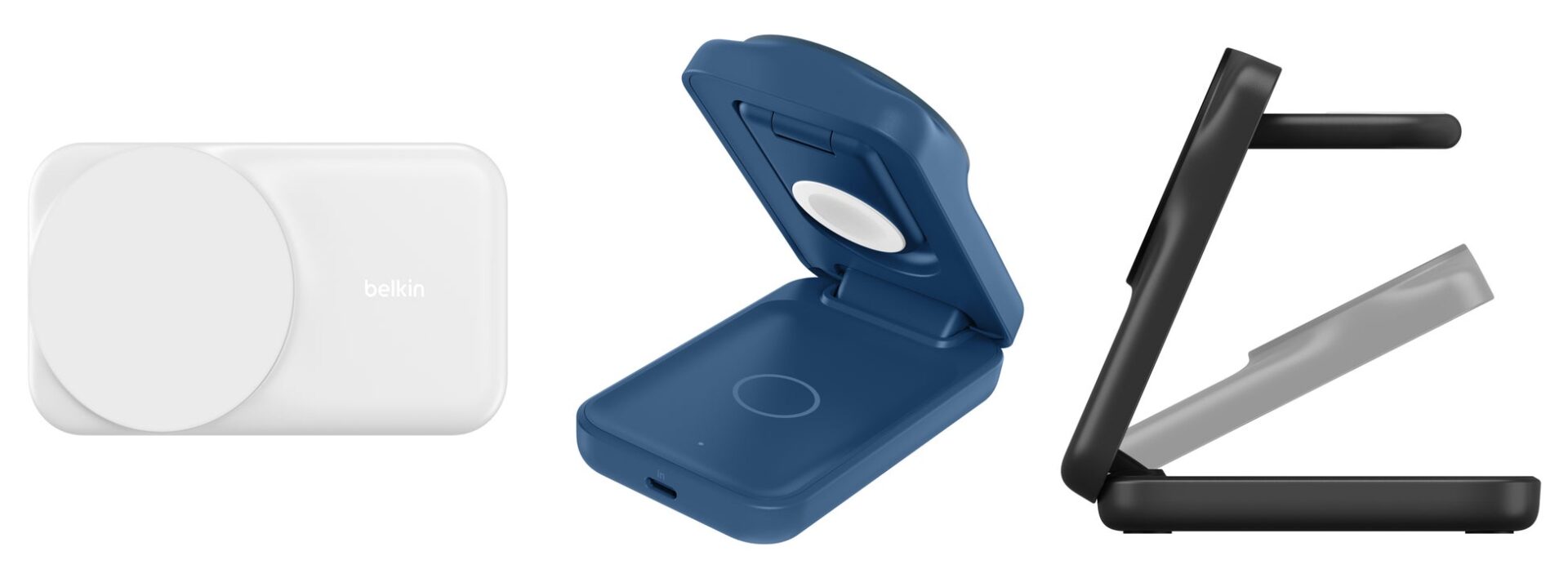記事画像7: Belkinのワイヤレス充電器3種。白、青、黒。