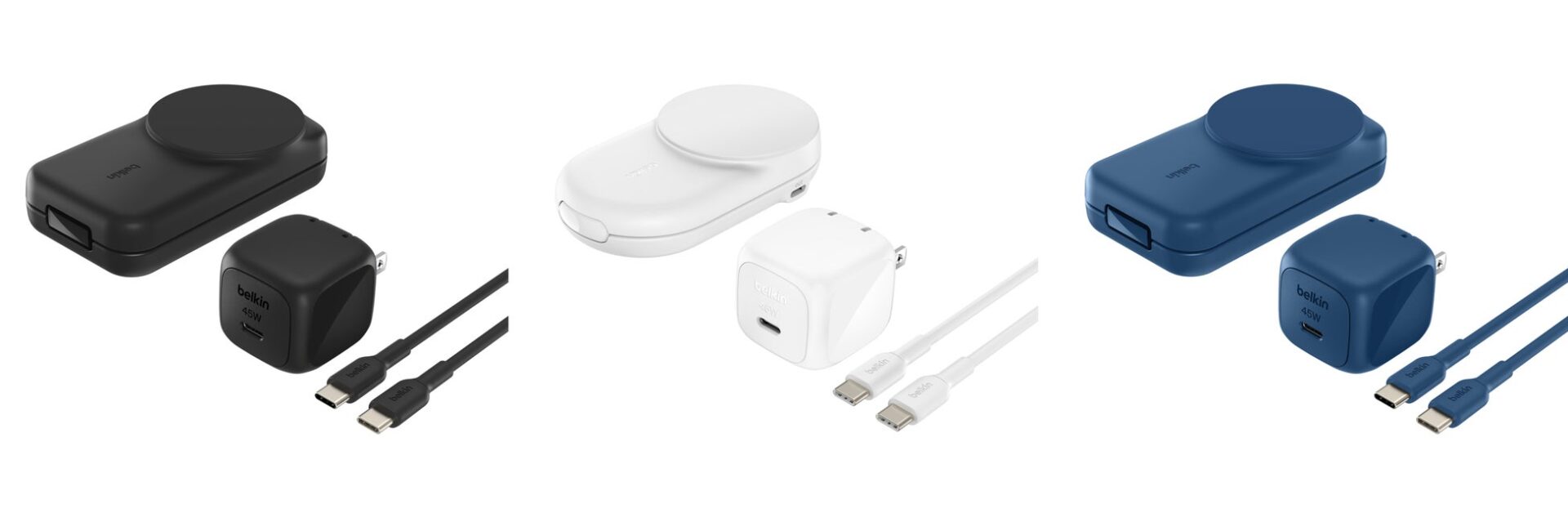 記事画像9: Belkinのワイヤレス充電器と45W USB-C充電器のセット。黒、白、青の3色展開。