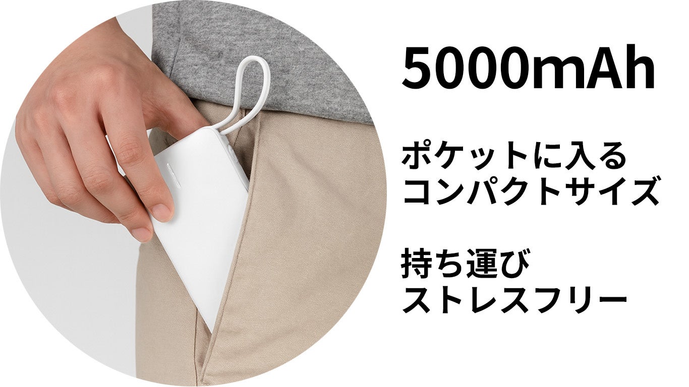 記事画像3: ポケットにモバイルバッテリーを入れる様子。5000mAhでコンパクト。