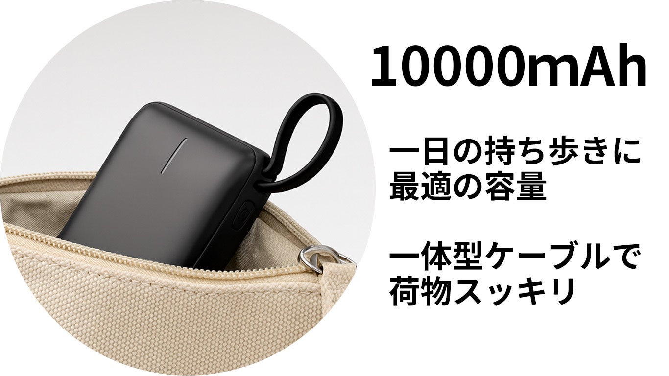 記事画像4: 10000mAhモバイルバッテリーとポーチの画像。一体型ケーブル。