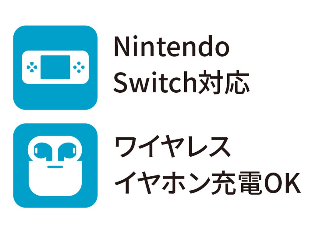 記事画像6: Nintendo Switch対応とワイヤレスイヤホン充電OKのアイコンとテキスト
