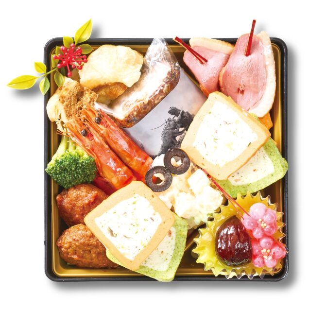 記事画像8: おせち料理の箱詰め、エビ、肉、野菜、デザート。