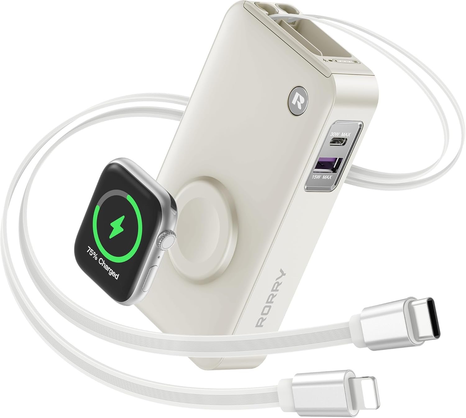 記事画像3: RORRYブランドのクリーム色のモバイルバッテリーとApple Watch