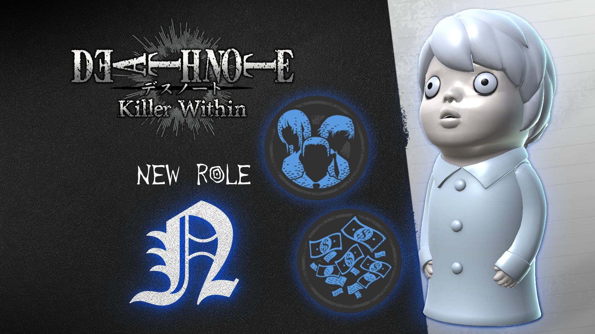 記事画像3: 「DEATH NOTE Killer Within」のロゴと、登場人物やお金のアイコン、そしてキャラクターの3Dモデル。