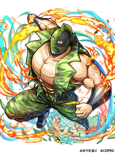記事画像3: 迷彩服を着た筋肉質な男性キャラクターが炎と水を操る