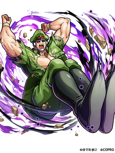 記事画像4: 緑の軍服を着た男性キャラクターが、紫色のオーラを放ちながら力強くポーズをとっている。