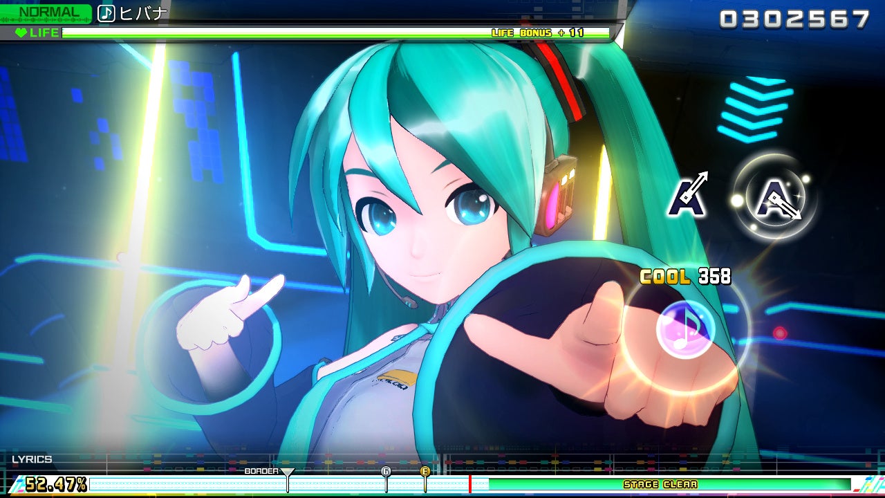 記事画像10: 初音ミクのゲーム画面。リズムゲームのプレイ中。