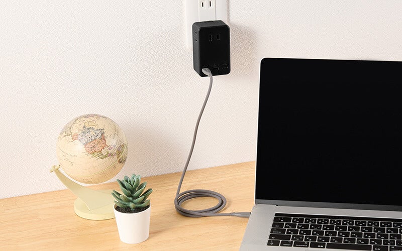 記事画像7: ノートパソコンの充電器、ノートパソコン、地球儀、植物。
