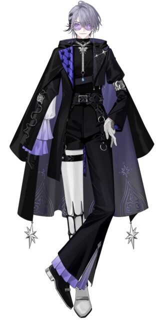 記事画像6: 黒と紫の衣装を着た男性キャラクター。ロングコート、ショートパンツ、ブーツを着用。