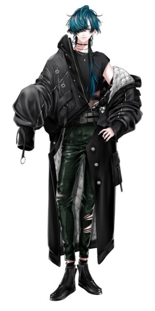 記事画像7: 青い髪の男性キャラクター、黒のオーバーサイズコートとパンツ