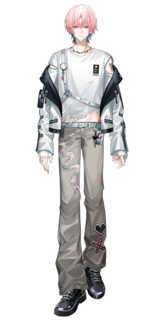 記事画像8: ピンク髪の男性キャラクターが、奇抜なファッションでポーズをとっています。