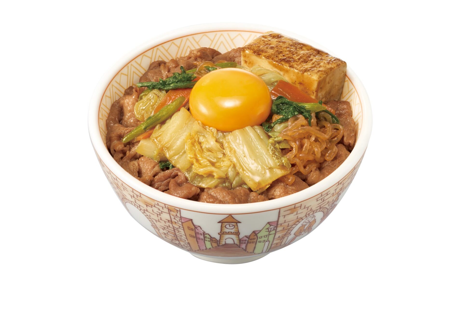 記事画像2: 丼に入った牛肉と野菜、温泉卵、厚揚げが特徴的な料理