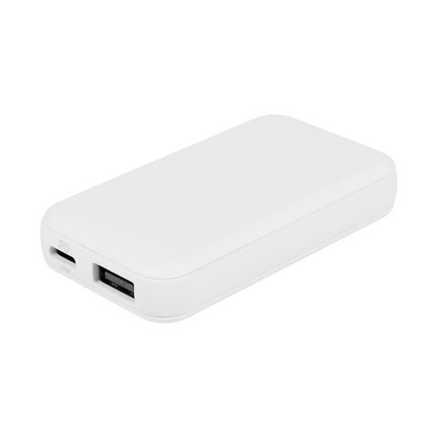 記事画像12: 白いモバイルバッテリー。USB-CポートとUSB-Aポートがあります。