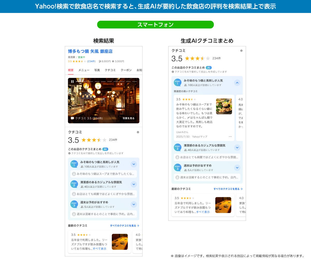 記事画像2: Yahoo!検索で飲食店を検索し、AIが生成した口コミまとめを表示