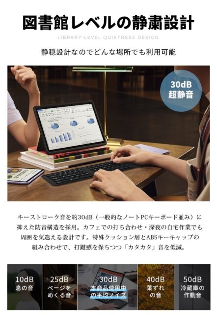 記事画像8: 静かなタイピング体験を強調するタブレットとキーボードのセット