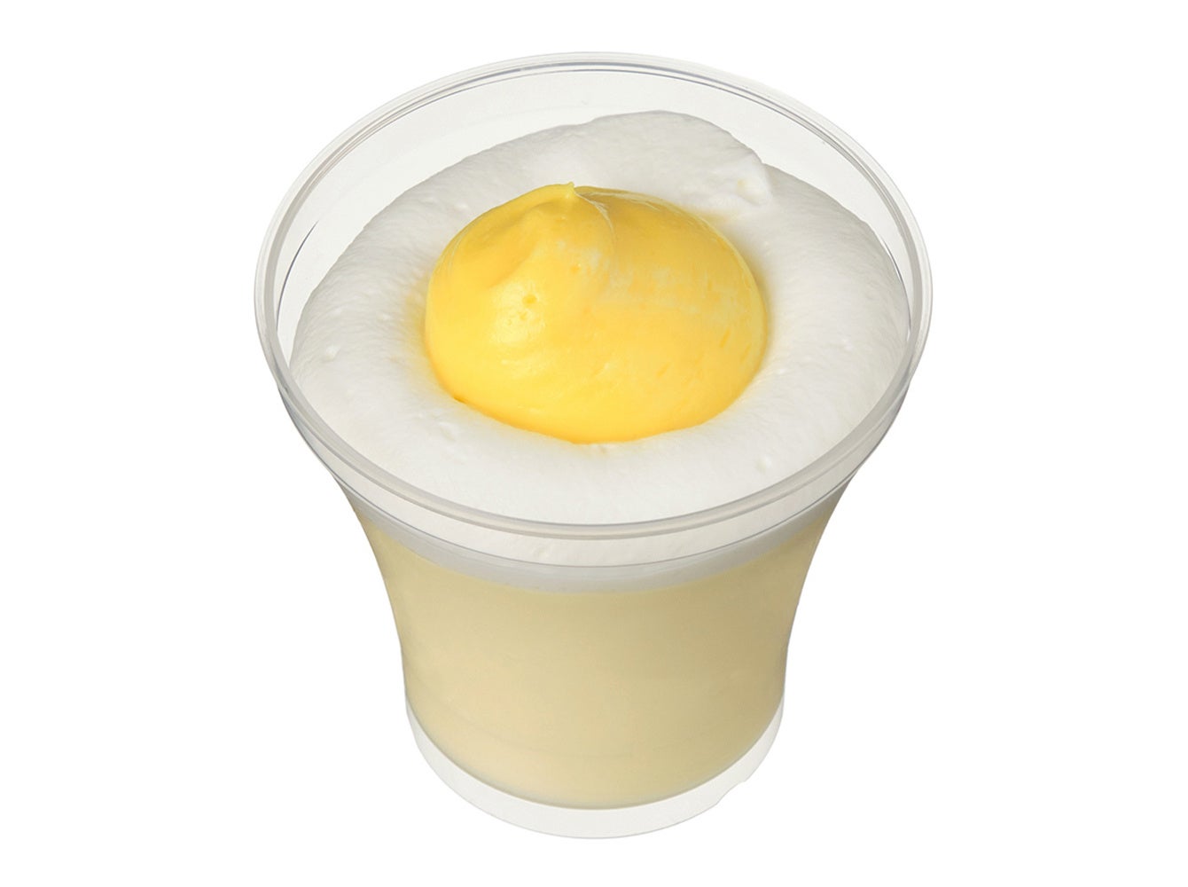 記事画像4: 透明なカップに入ったプリンとホイップクリーム、黄色のソース。