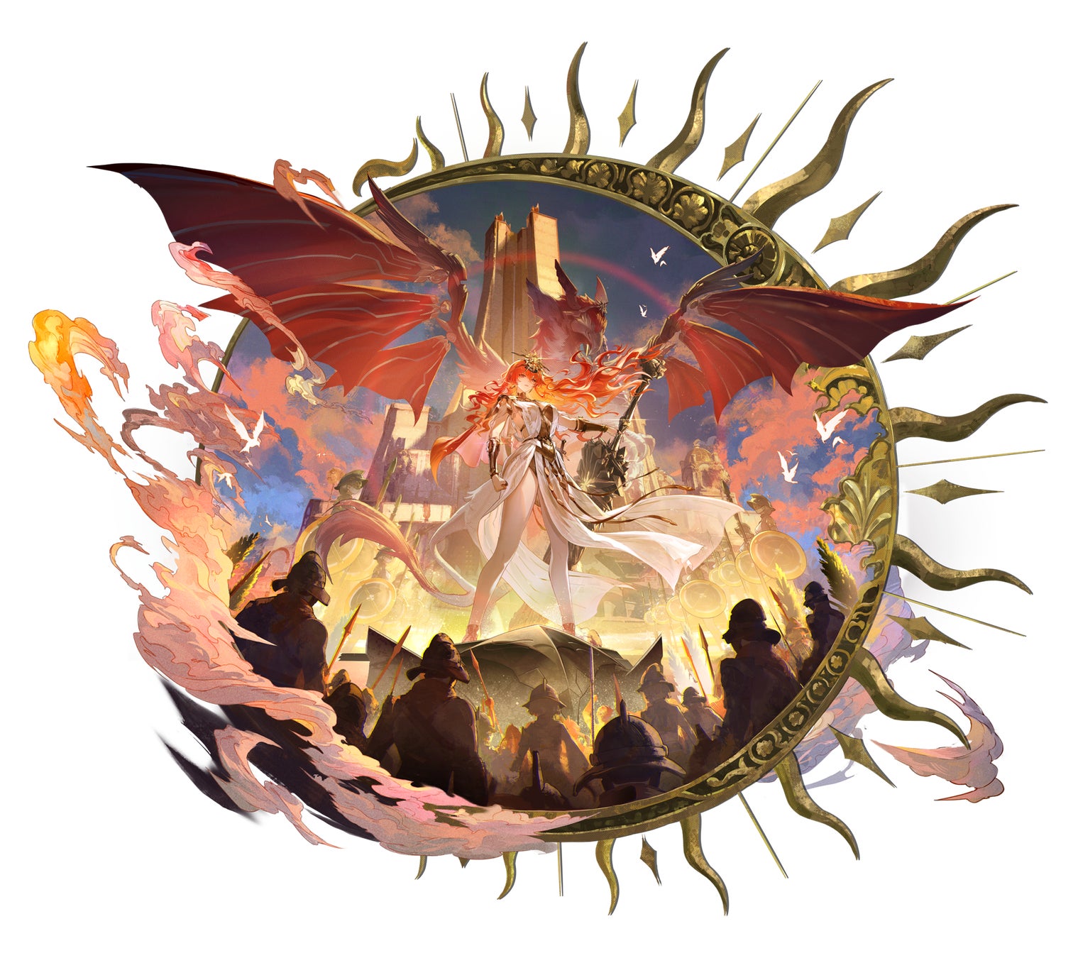 記事画像2: ドラゴンと女性が兵士の集団の上に立つファンタジーアート
