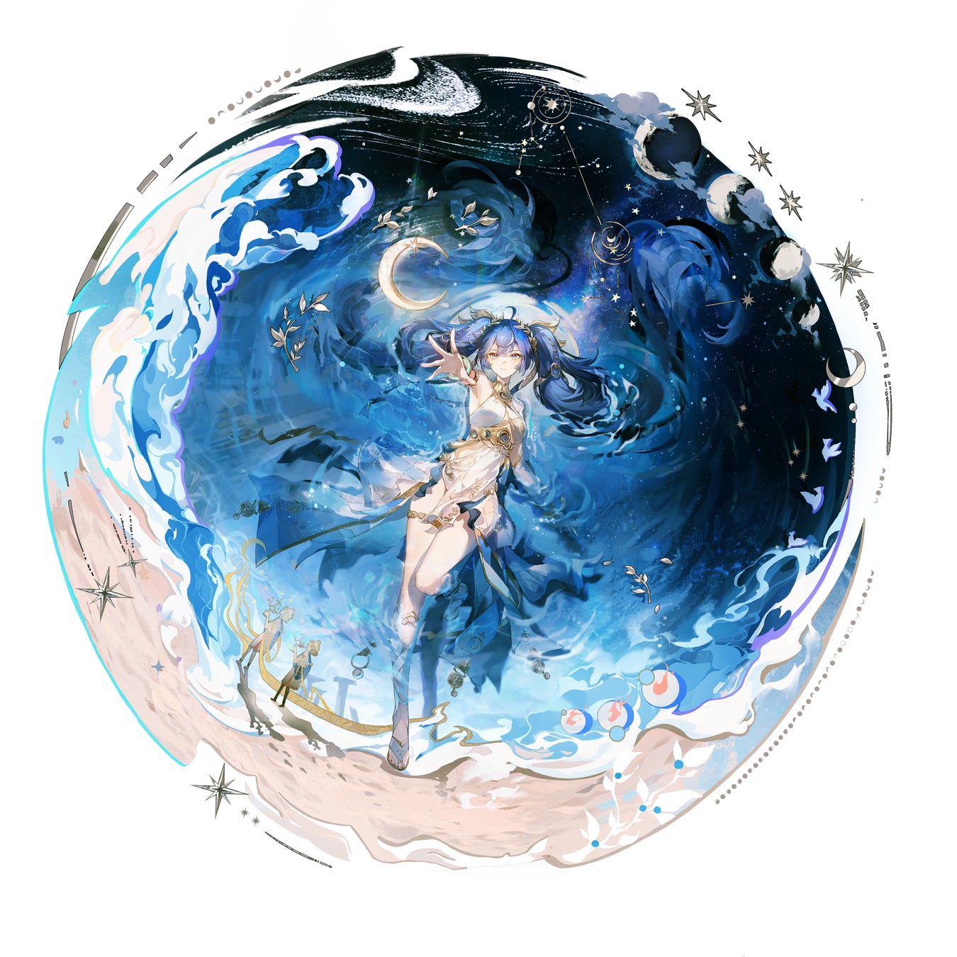 記事画像3: 宇宙と海を背景にした、青い髪の女性キャラクターのイラスト。月や星、波が描かれている。