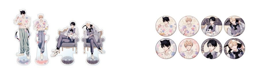 記事画像8: アニメ風のキャラクターグッズのアクリルスタンドと缶バッジ