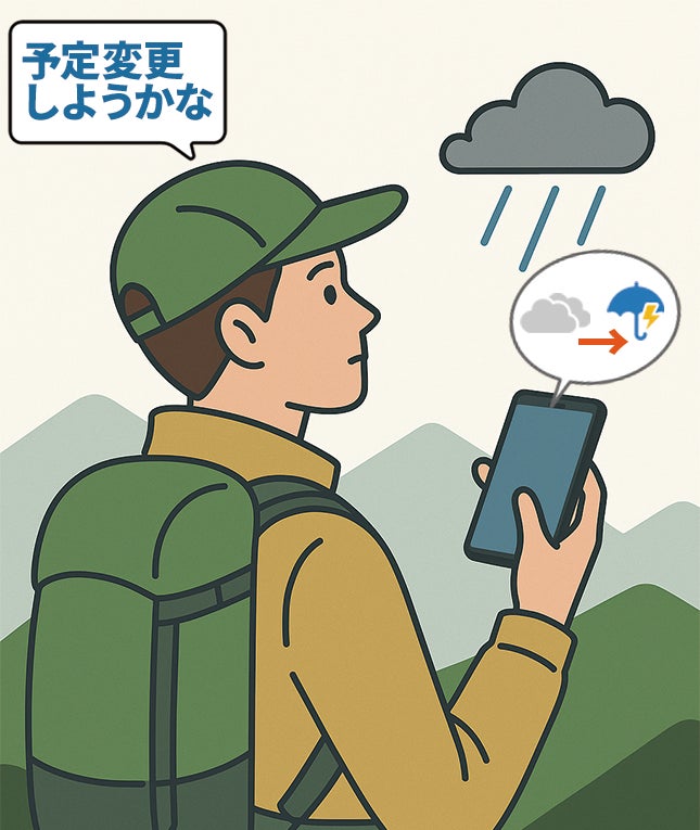 記事画像5: 登山者がスマホで天気予報を確認し、予定変更を検討している