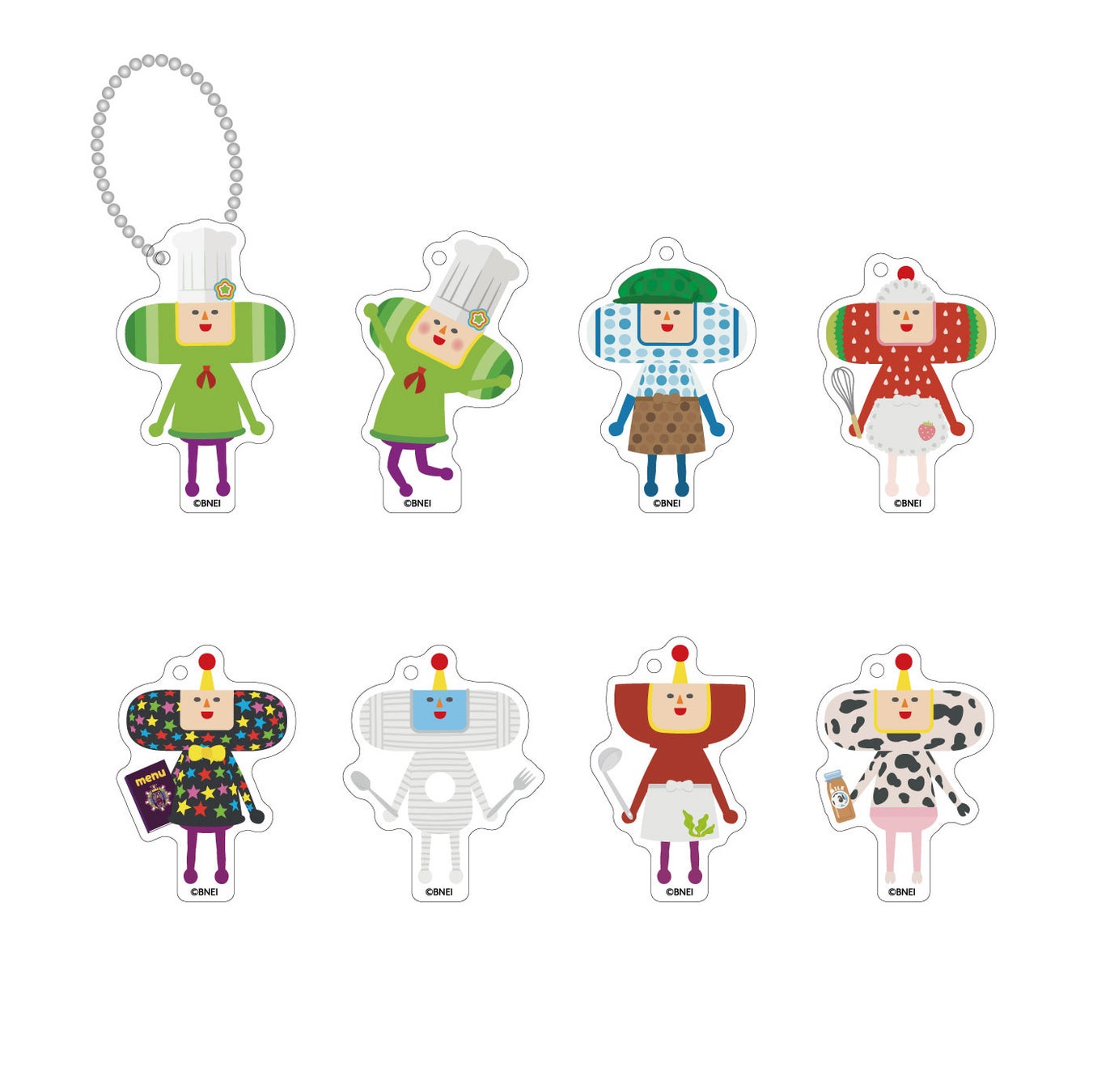 記事画像5: 個性的な8種類のキャラクターキーホルダーが並んでいます。