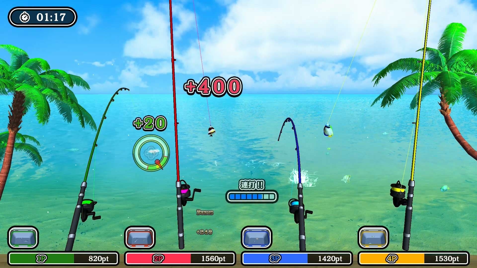 記事画像4: 釣りゲームの画面。複数の釣り竿と海、ヤシの木が表示されている。