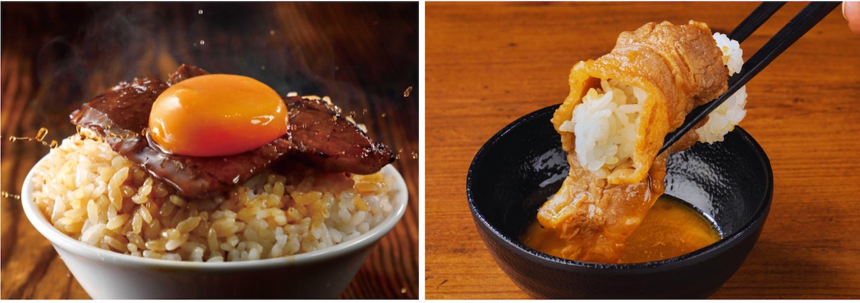 記事画像3: 牛肉と卵黄の乗った丼と、天ぷら米をタレに浸けている