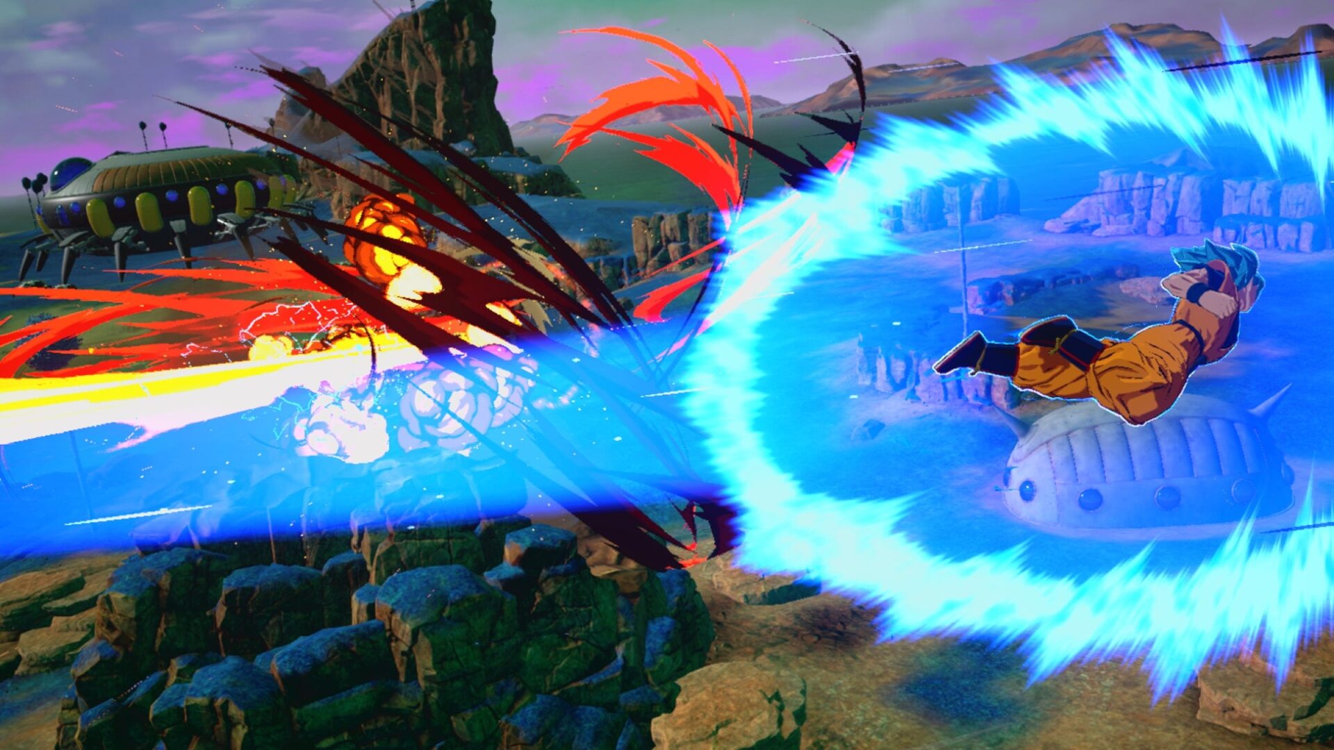 記事画像6: ドラゴンボールのキャラクターが、青いエネルギー波を放ちながら戦闘している。