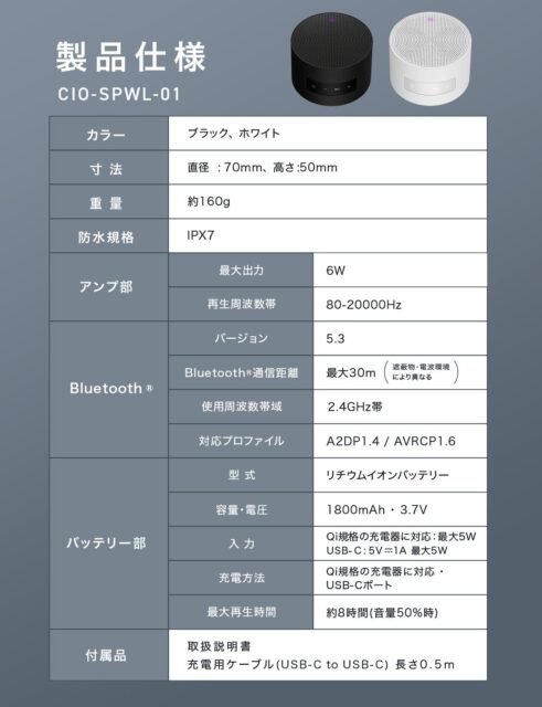 記事画像8: CIO-SPWL-01製品仕様表。Bluetoothスピーカーのスペック。