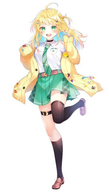 記事画像7: 明るい笑顔の金髪アニメキャラクター、黄色のカーディガンを着用