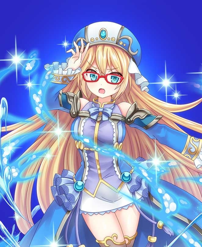 記事画像3: 青い背景に、眼鏡をかけた金髪の美少女アニメキャラクター。