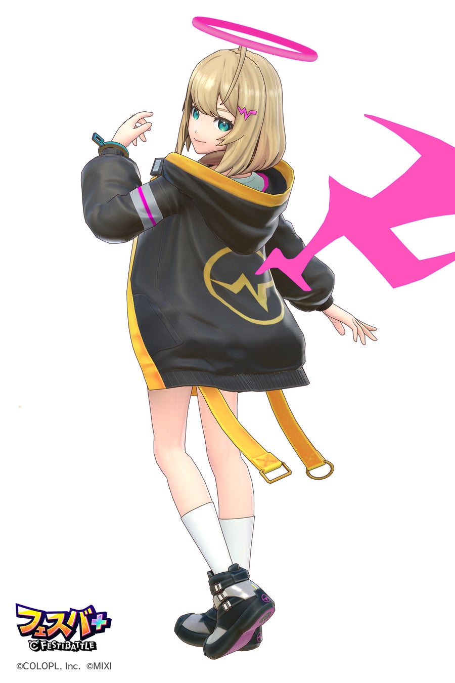 記事画像6: アニメ風のキャラクターが、黒いパーカーと黄色いベルトを着用。