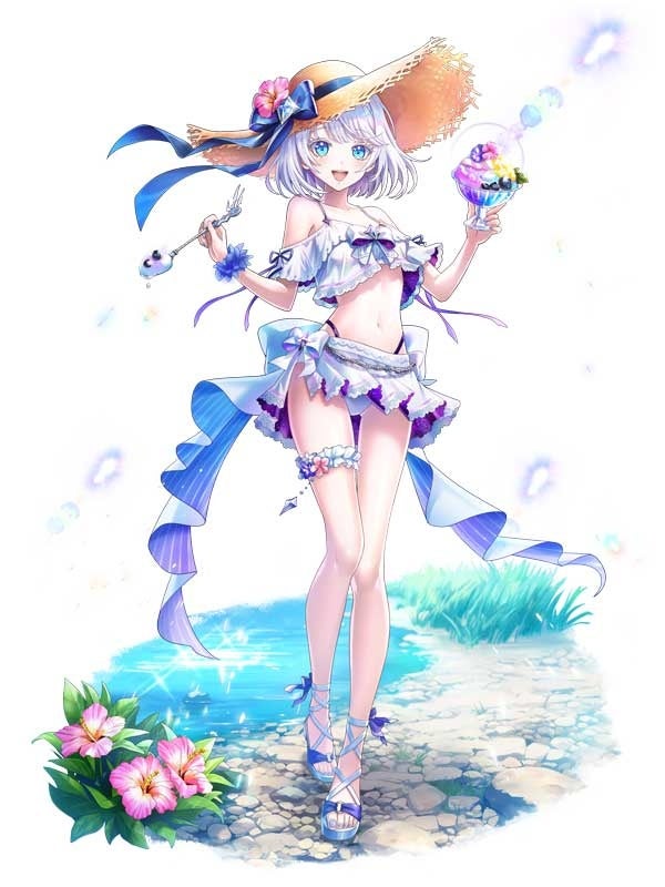 記事画像2: 夏らしい水着を着たアニメ風の少女が、かき氷を手にしている。