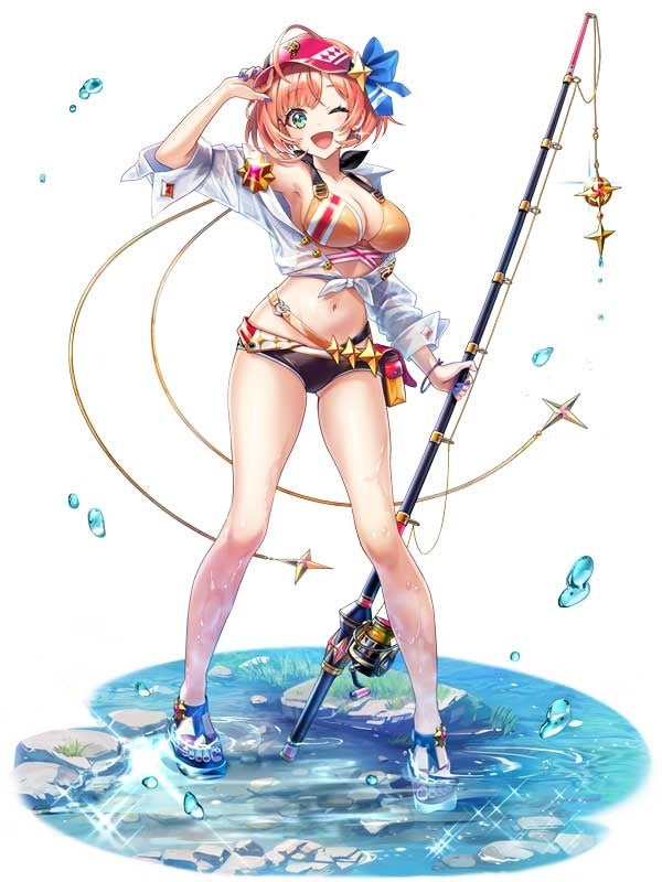 記事画像4: 水辺で釣竿を持った、水着姿の女性キャラクター。