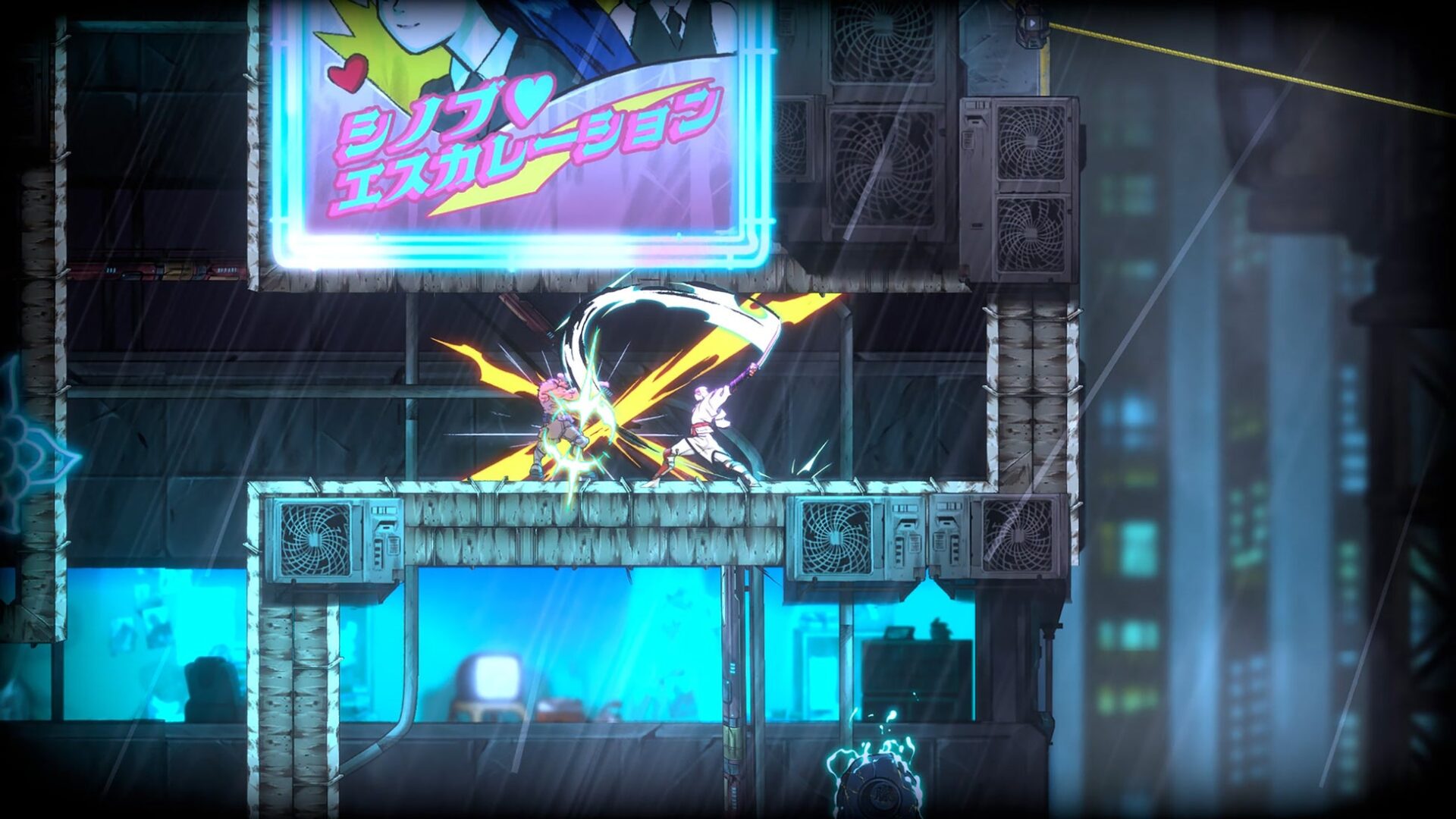 記事画像4: ネオンサインと雨の降るサイバーパンク都市での戦いを描いたゲーム画面