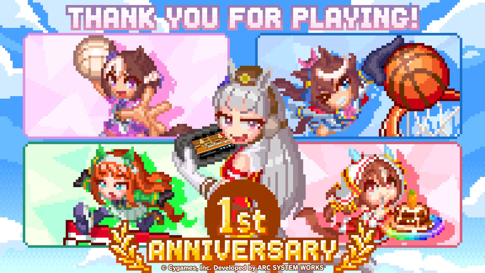 記事画像2: ゲームの1周年記念のピクセルアート。4人のキャラクターと「THANK YOU FOR PLAYING!」の文字。