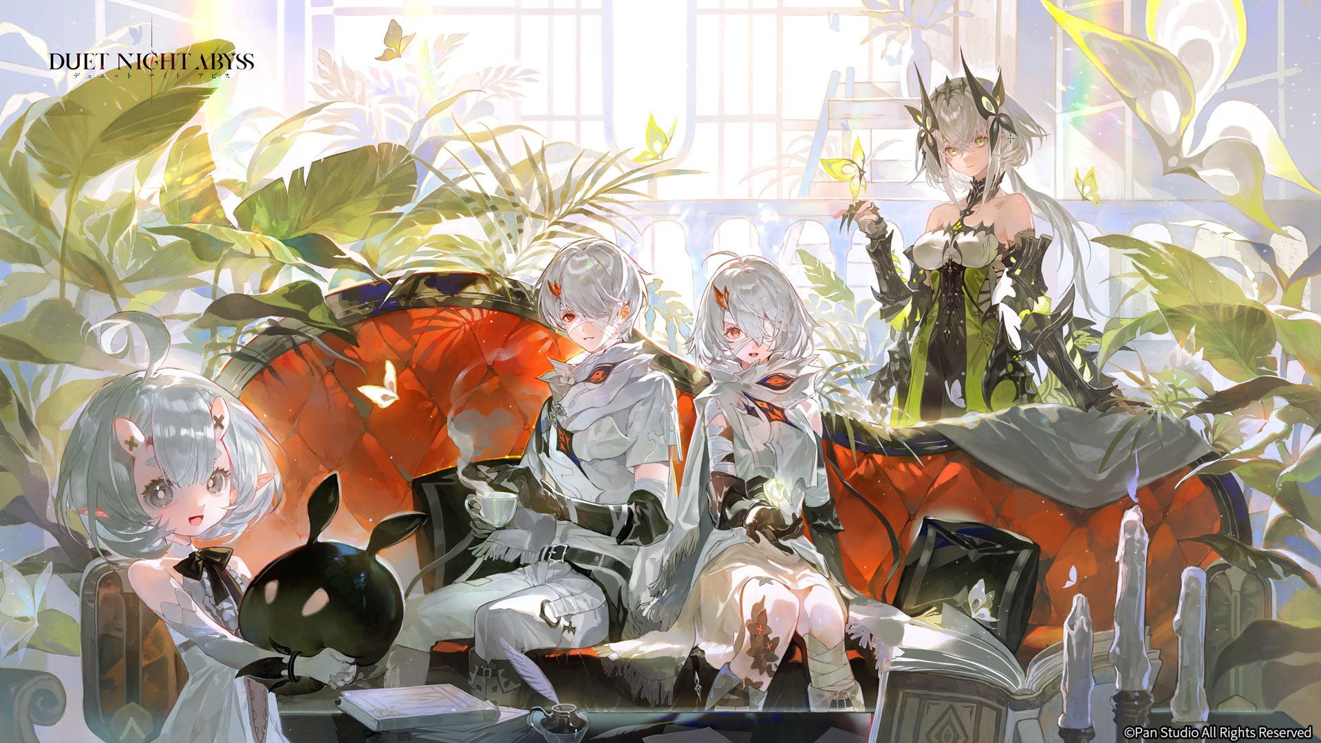 記事画像1: 「DUET NIGHT ABYSS」のゲームアート。アビスのキャラクターがソファに座り、植物に囲まれている。