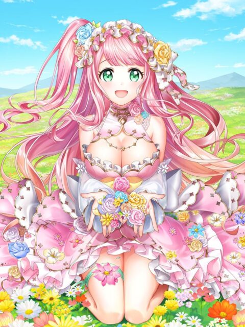 記事画像2: ピンクの髪とドレスをしたアニメ風の少女が花束を抱き、花畑に座っています。